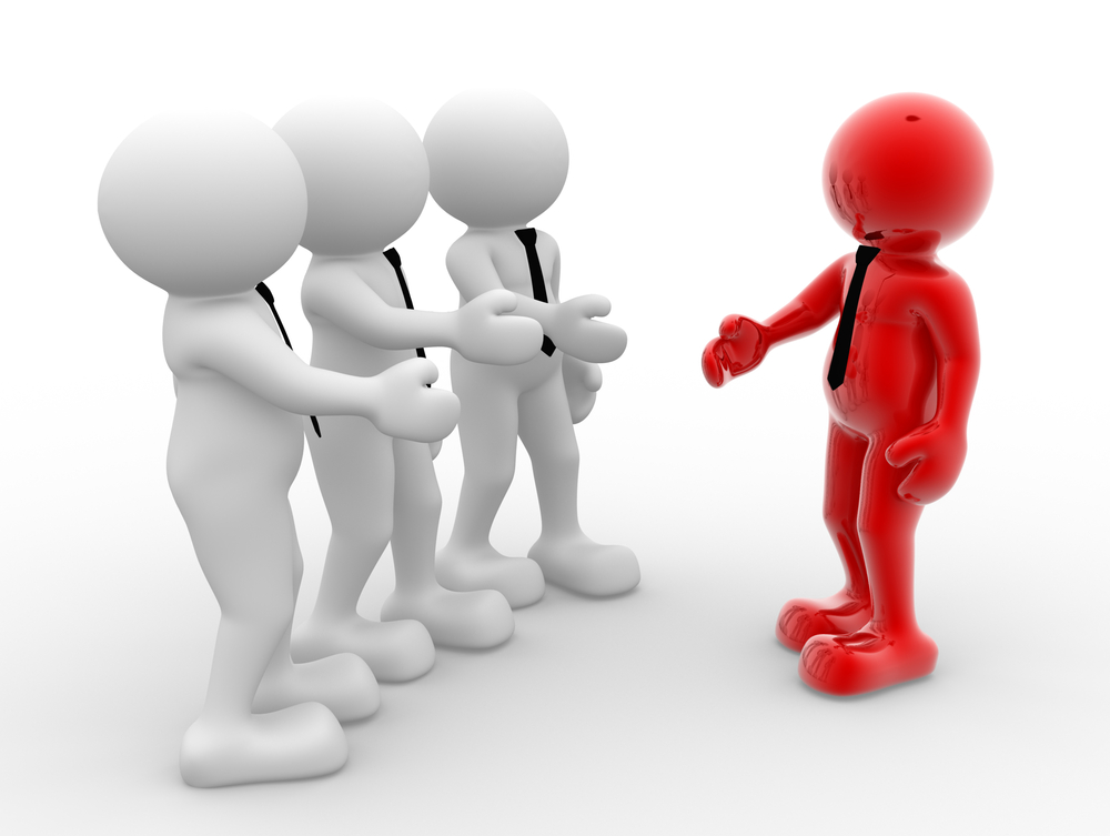 Imagen 3d. Una persona recibiendo y saludando a un grupo de personas
